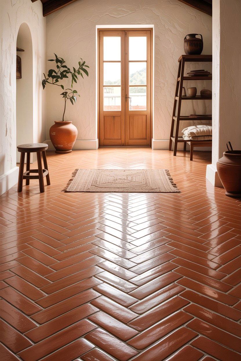 Terracotta herringbone floor - 30 herringbone pattern bathroom ideas