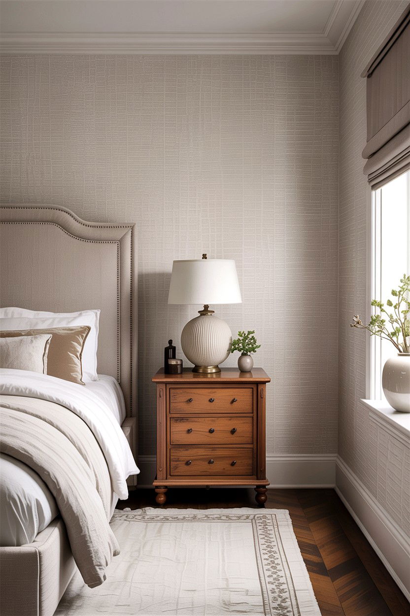 Textured Neutral Wallpaper - 30 rustic white bedroom ideas