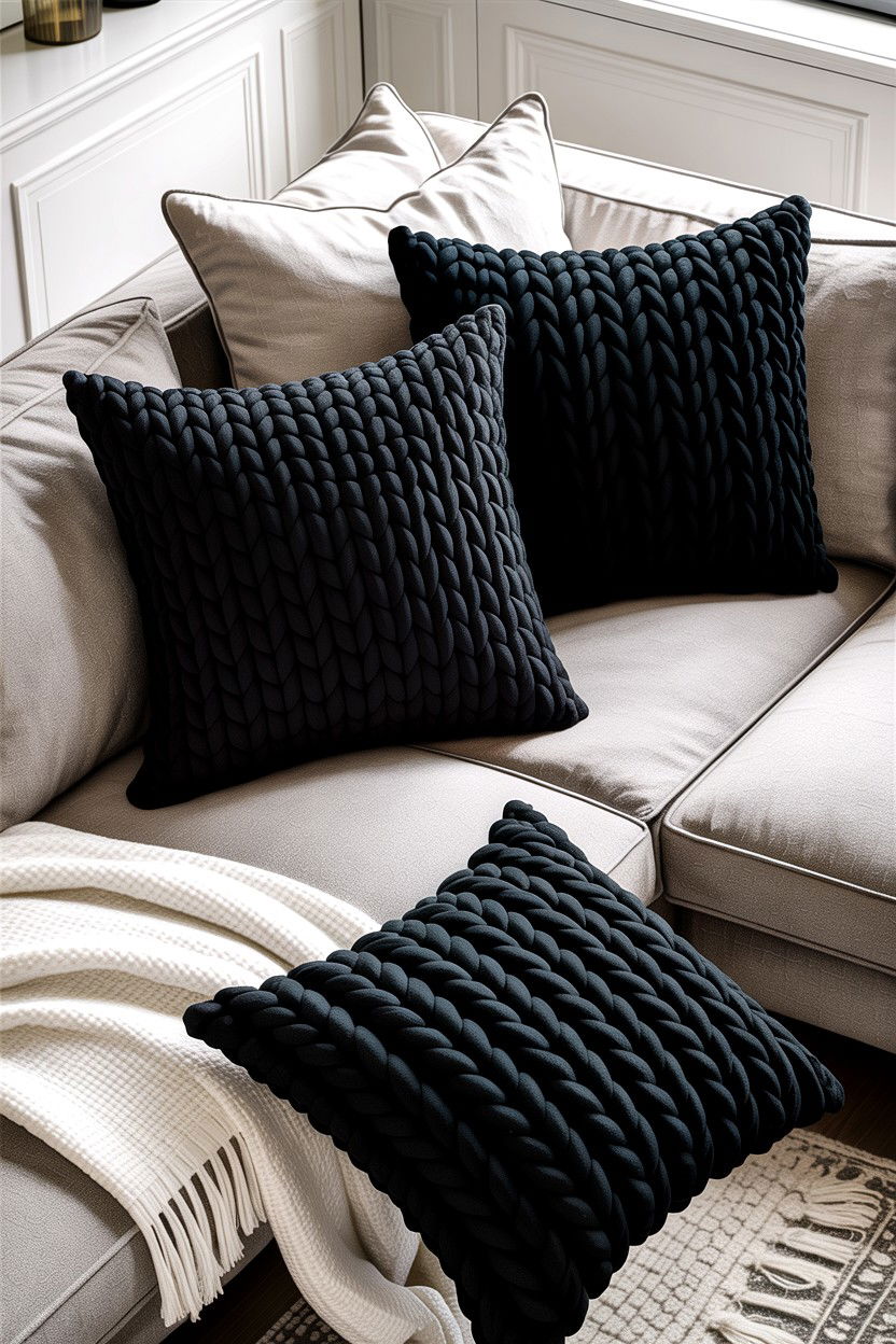 Textured black cushions - 30 scandinavian black living room ideas