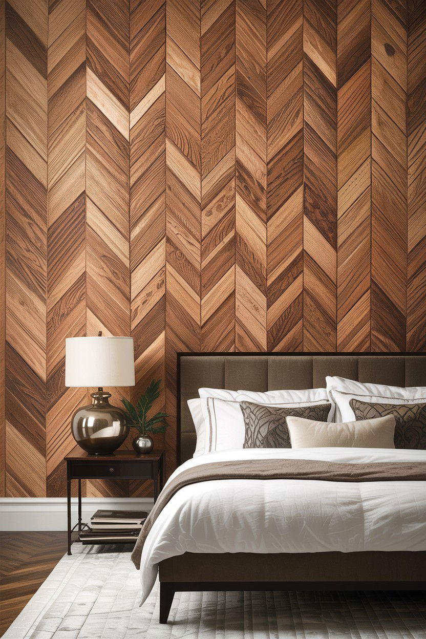 Textured herringbone wallpaper wall - 30 bedroom herringbone wall ideas