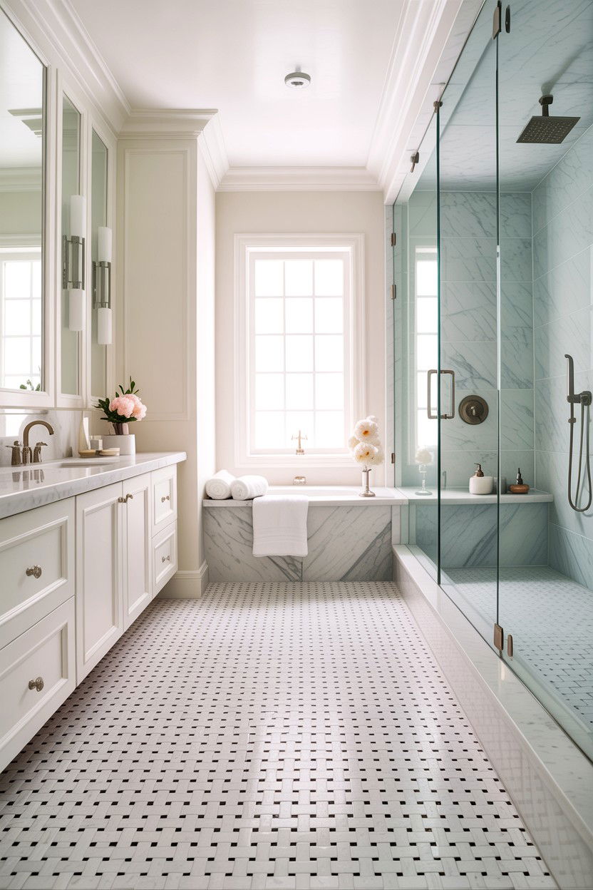 Thassos White Basketweave Floor - 30 basketweave tile bathroom ideas