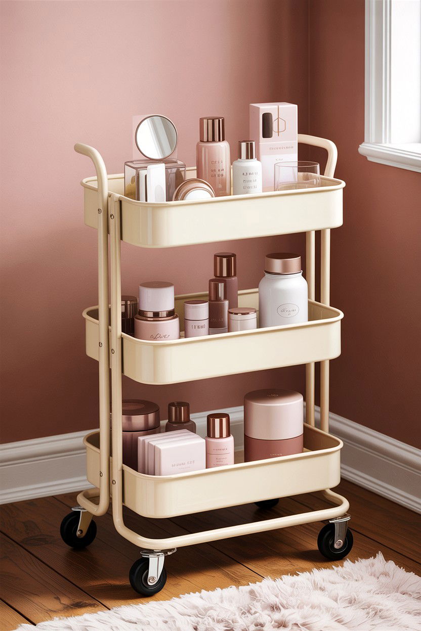 Three tier rolling cart - 30 bedroom organization ideas