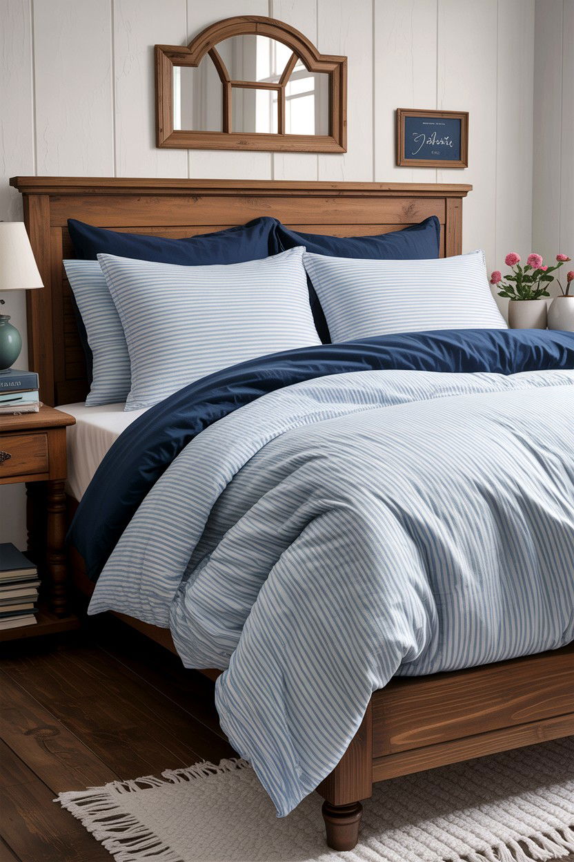 Ticking Stripe Sheets - 30 farmhouse bedroom ideas