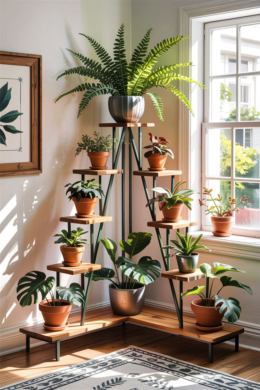 Tiered corner plant stand - 30 living room corner shelf ideas