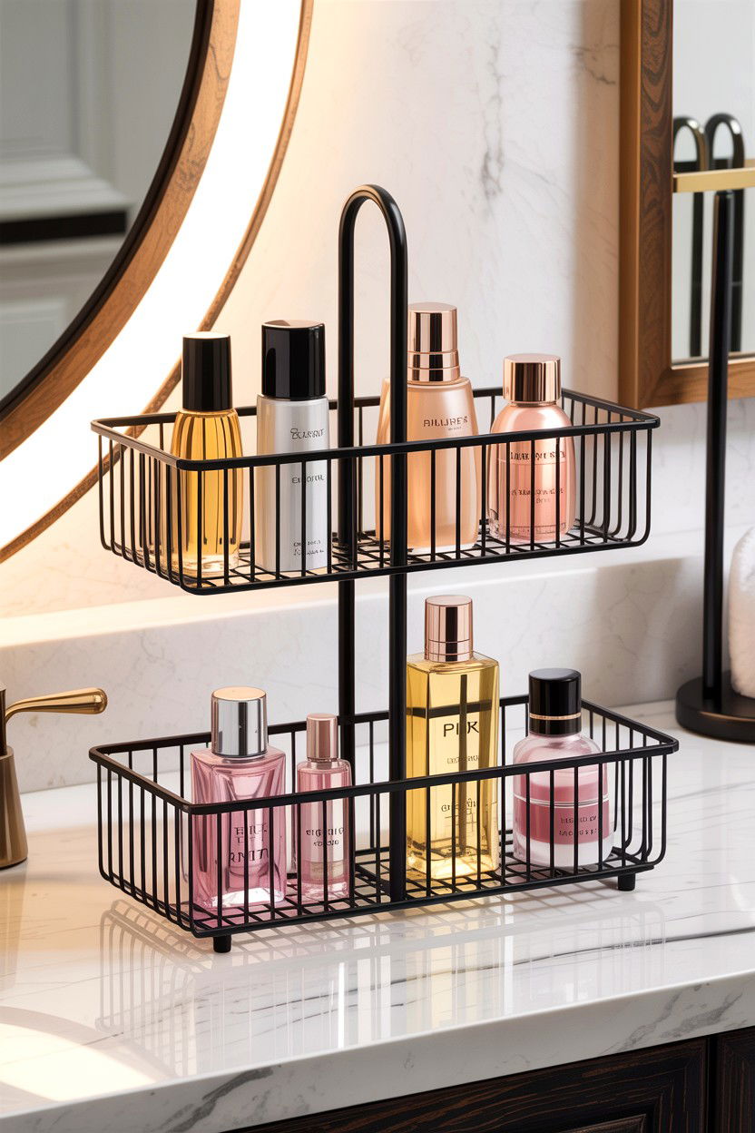Tiered countertop organizer baskets - 30 bathroom basket storage ideas