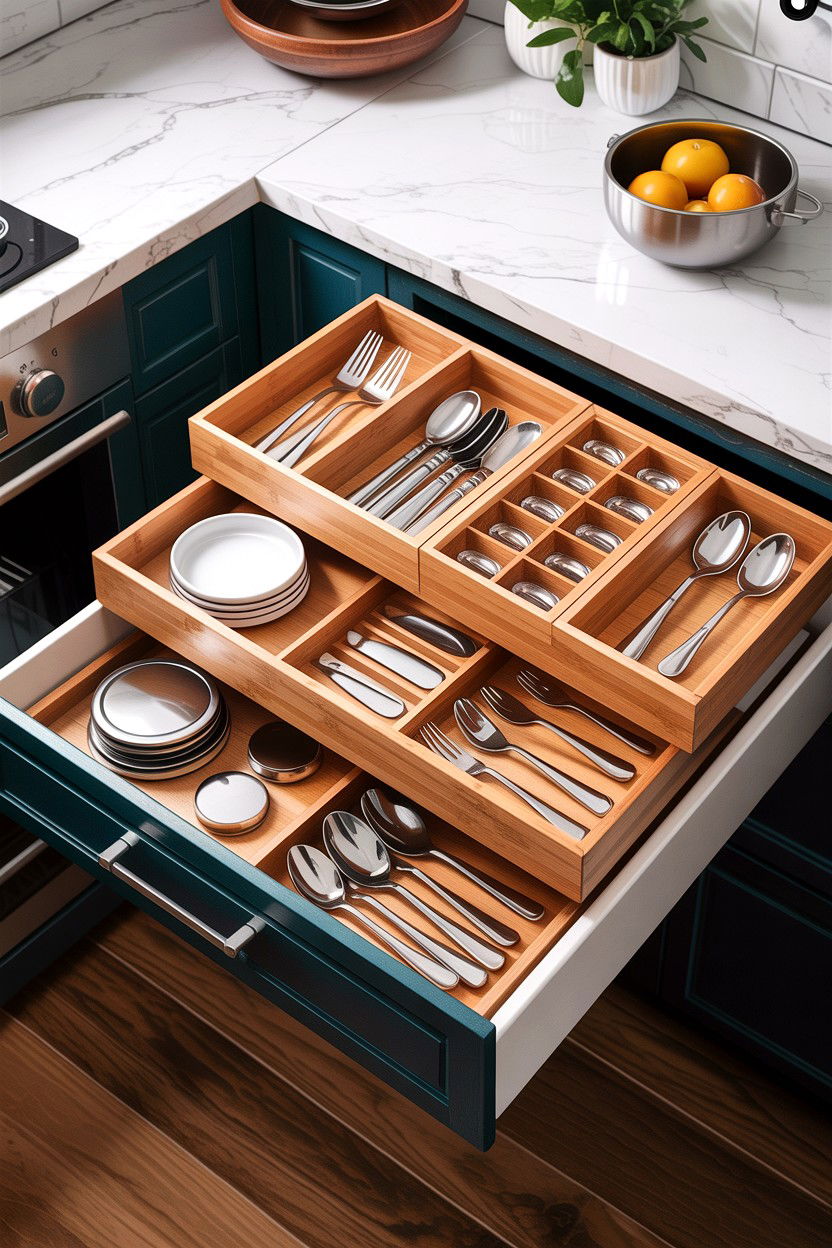 Tiered drawer organizer - 30 small kitchen space storage ideas
