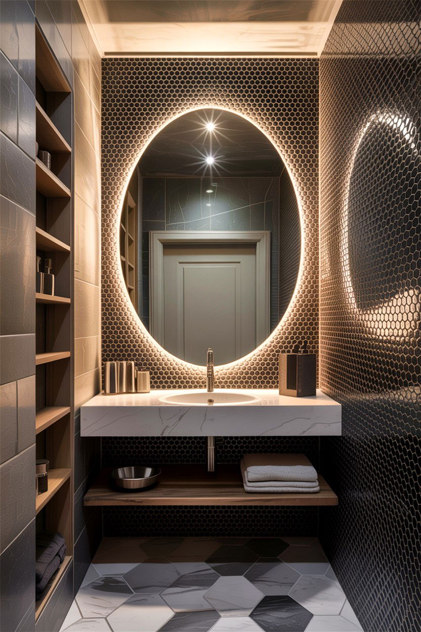 Tiled wall backlit mirror - 30 backlit bathroom mirror ideas