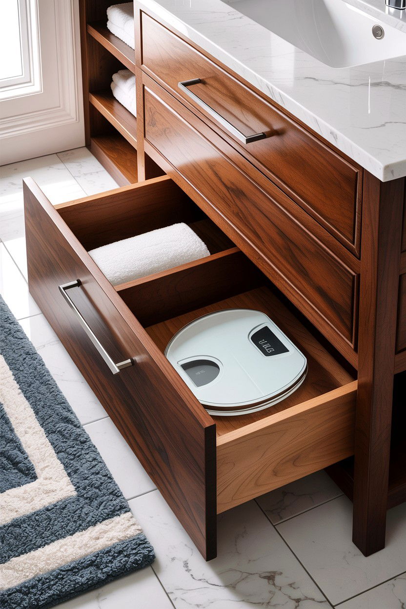 Toe Kick Drawer - 30 bathroom built-in storage ideas