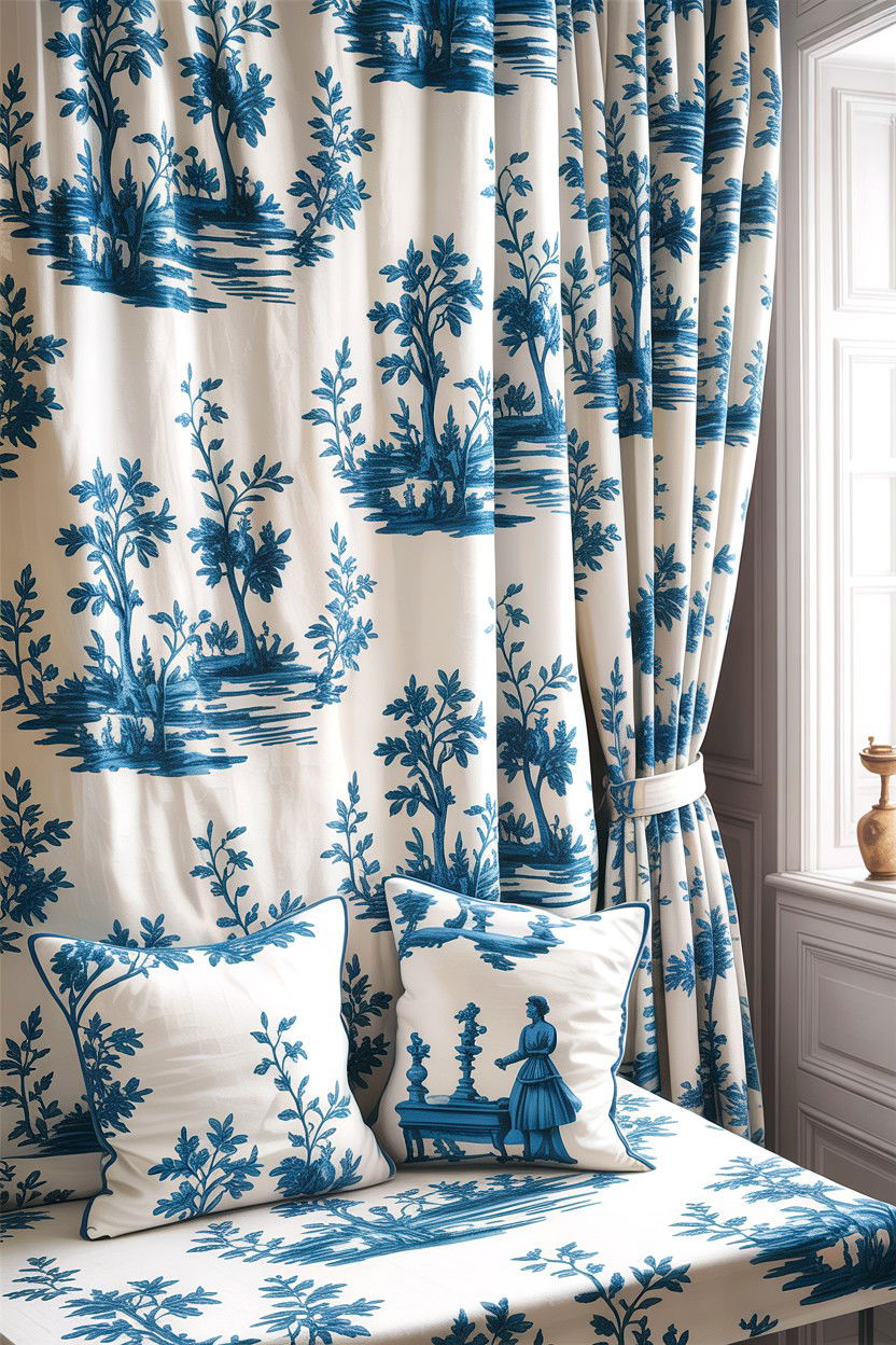 Toile De Jouy Fabric - 30 French shabby chic bedroom ideas