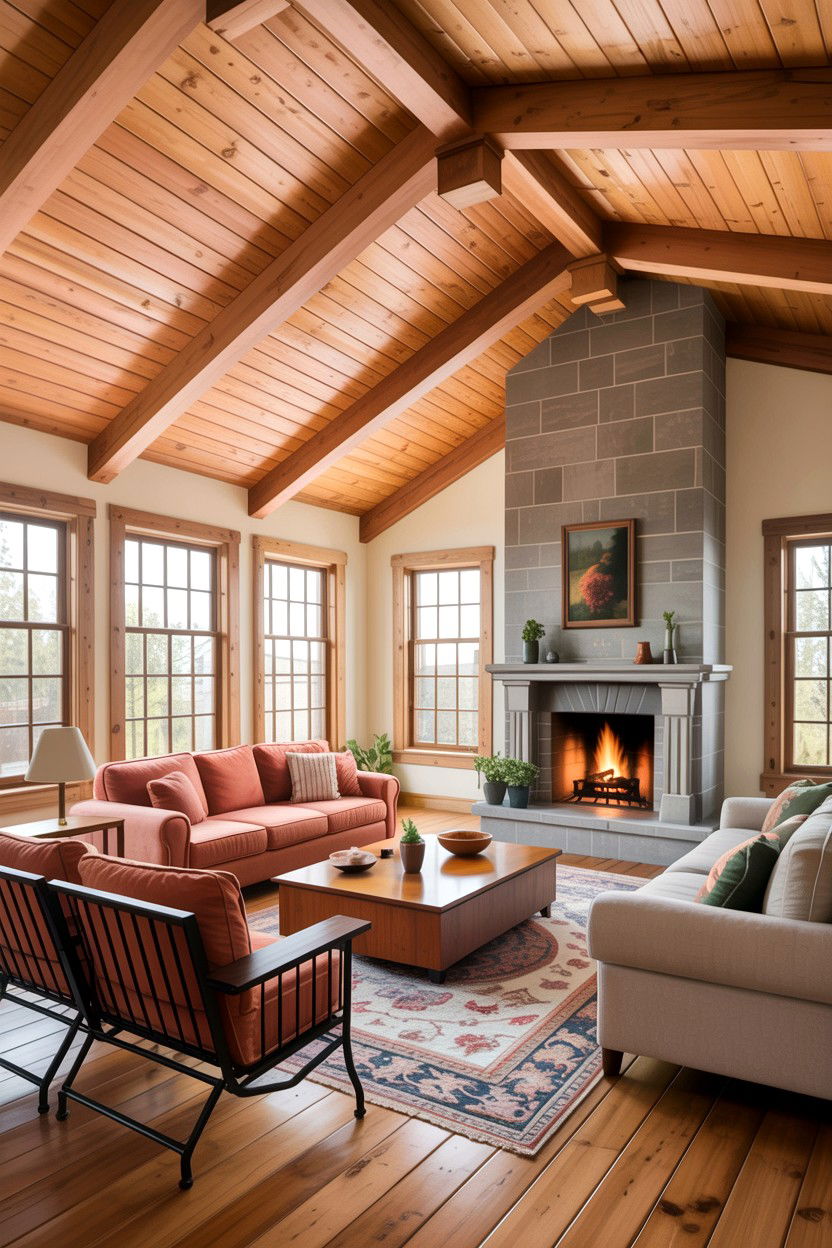 Tongue and groove ceiling living room - 30 living room fifth wall ideas