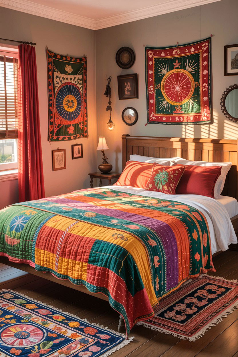 Traditional Kantha Quilt Layering - 30 embroidered bedroom ideas