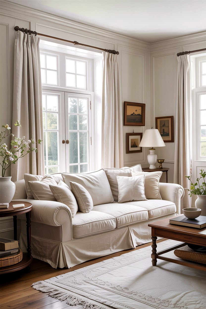 Traditional White Living Room With Linen Curtains - 30 traditional white living room ideas