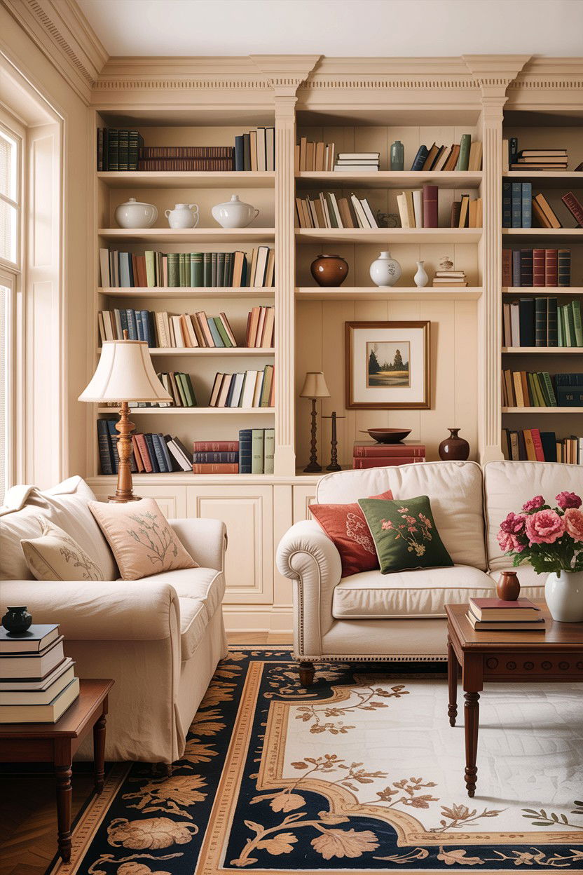 Traditional cream living room with built in bookshelves - 30 traditional cream living room ideas