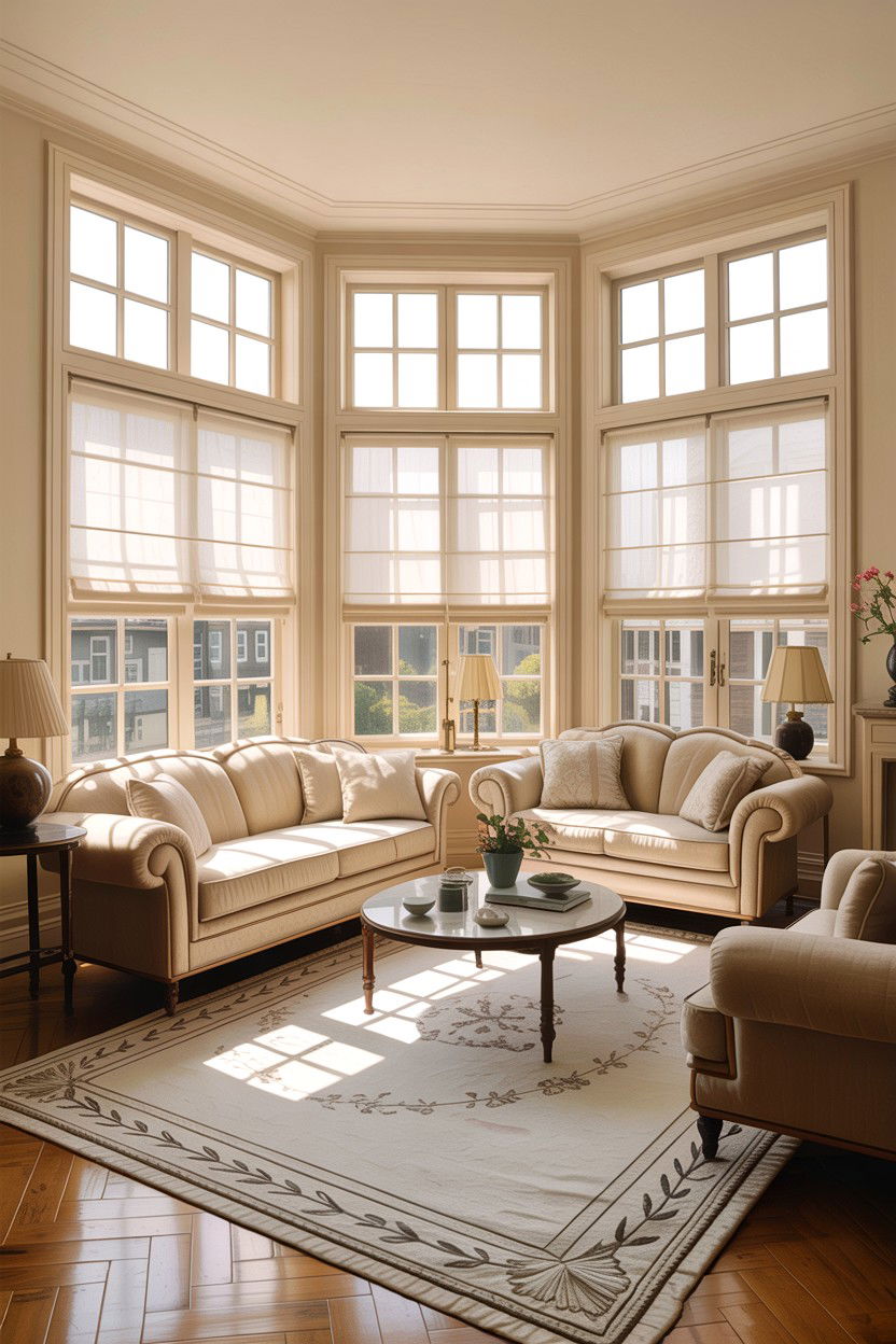 Traditional cream living room with large windows - 30 traditional cream living room ideas