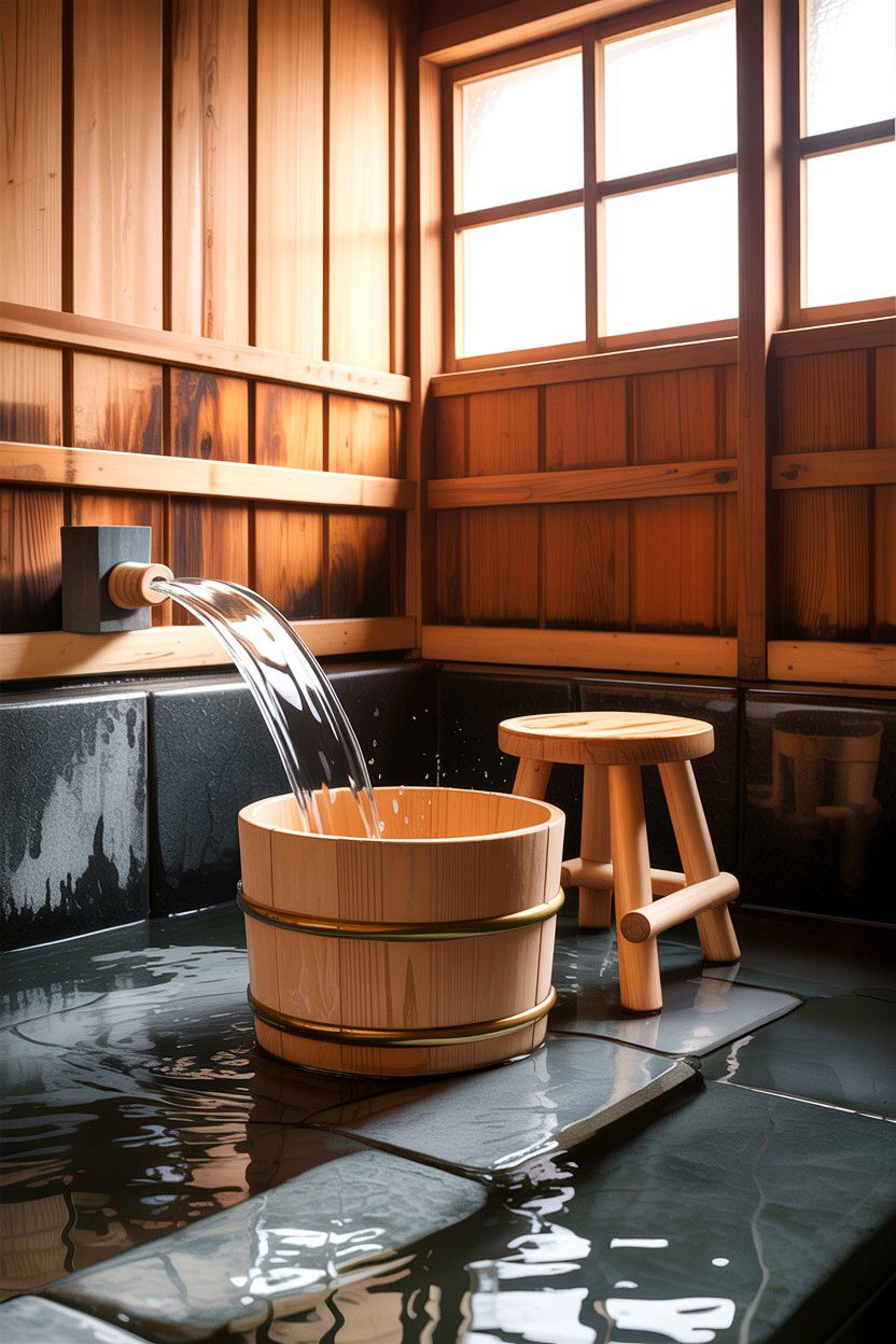Traditional wooden bucket bath - 30 Japanese bathroom ideas