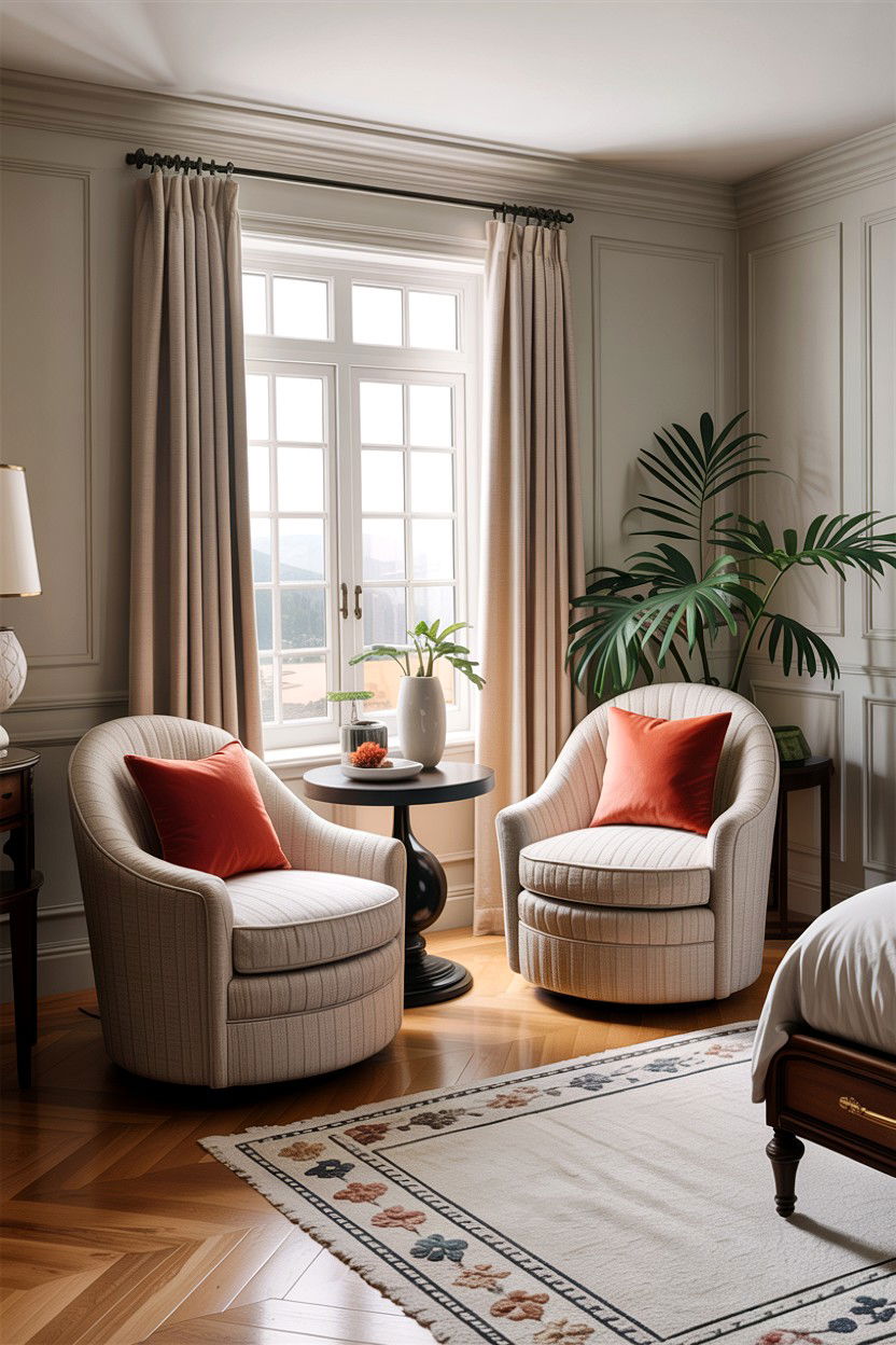 Transitional bedroom swivel chairs - 30 bedroom with sitting area ideas