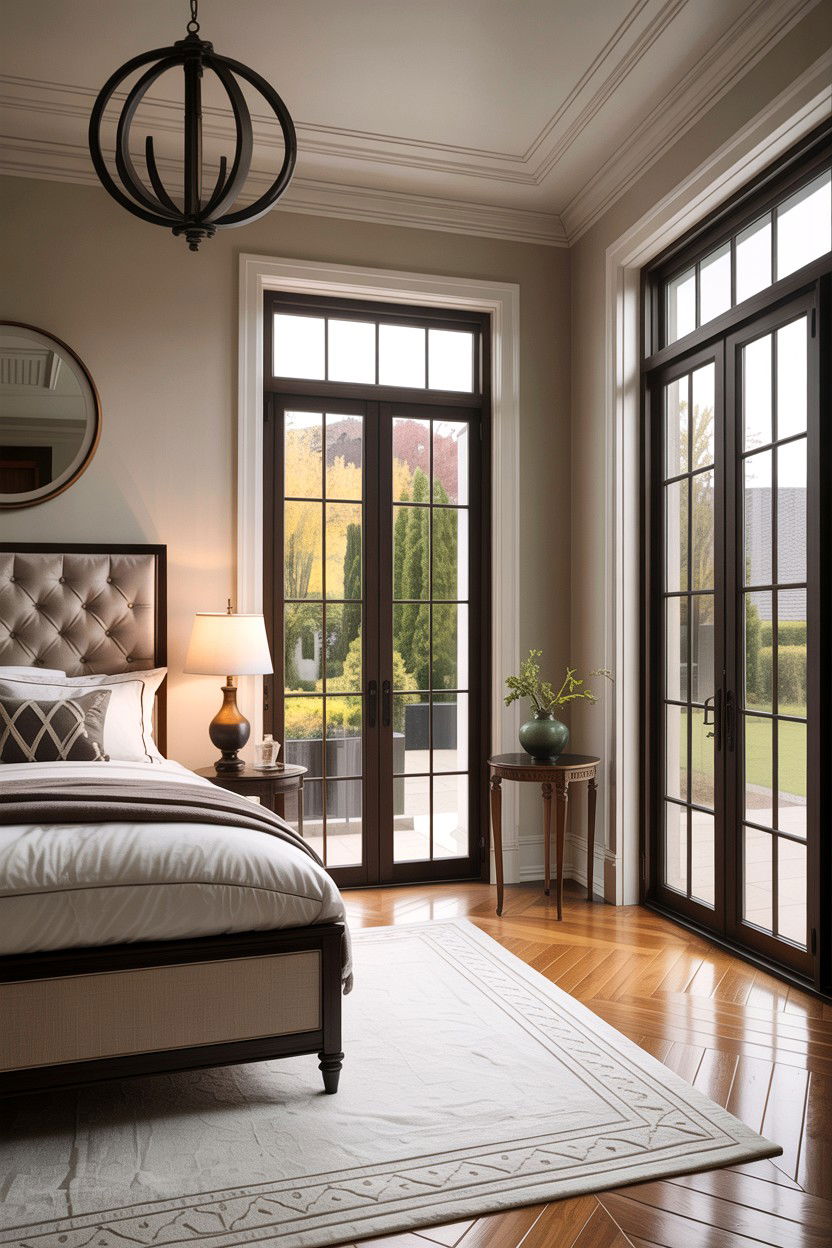 Transitional bedroom with oversized glass doors - 30 bedroom with patio doors