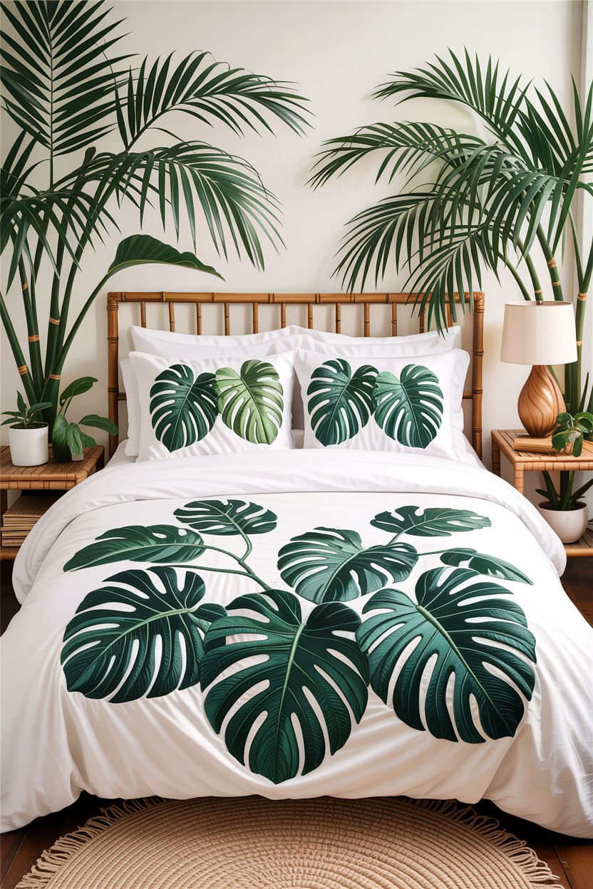 Tropical Leaf Embroidery Bedding - 30 embroidered bedroom ideas