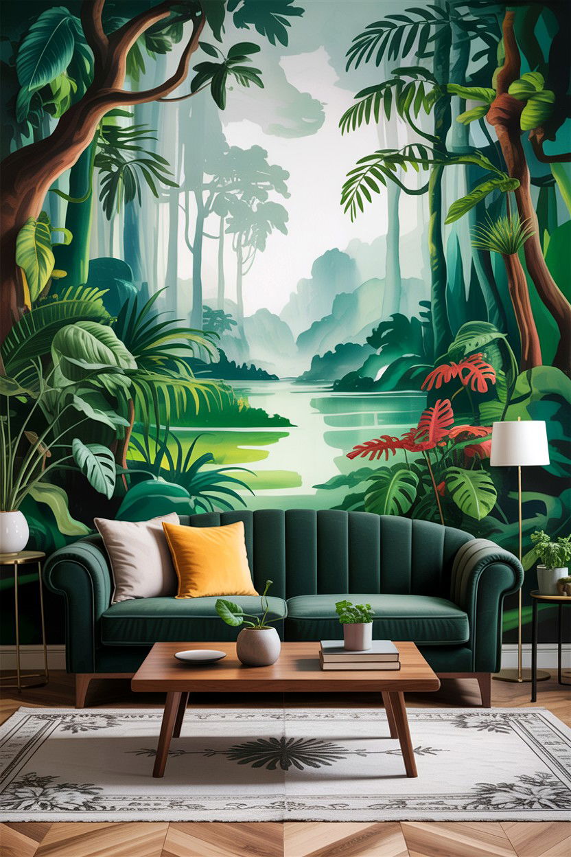 Tropical mural living room - 30 jungle living room ideas