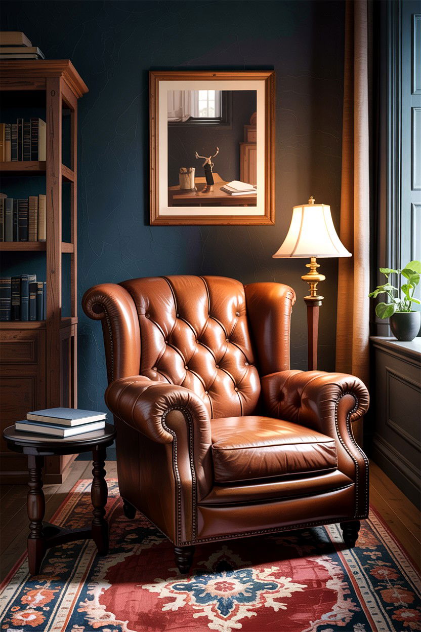 Tufted Leather Armchair - 30 dark academia bedroom ideas