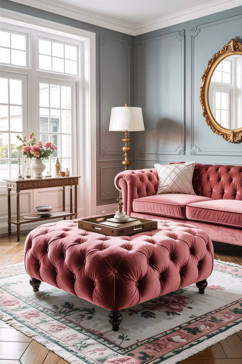 Tufted Velvet Ottoman - 30 French shabby chic living room ideas