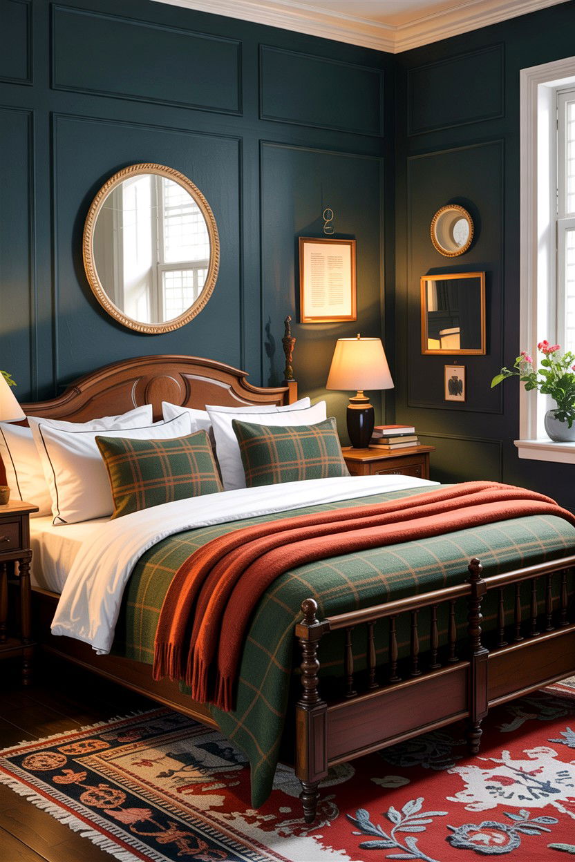 Tweed Fabric Accents - 30 dark academia bedroom ideas