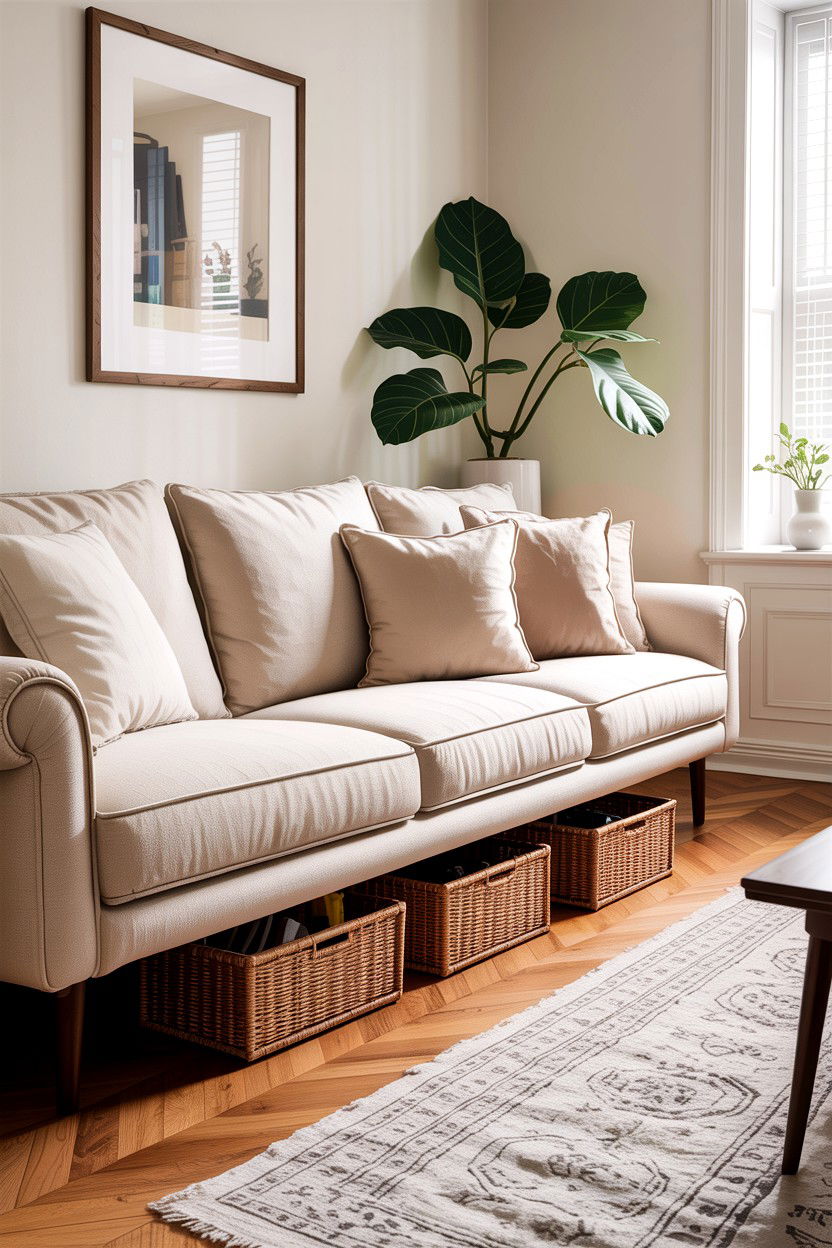 Under Sofa Storage - 30 small living room space storage ideas
