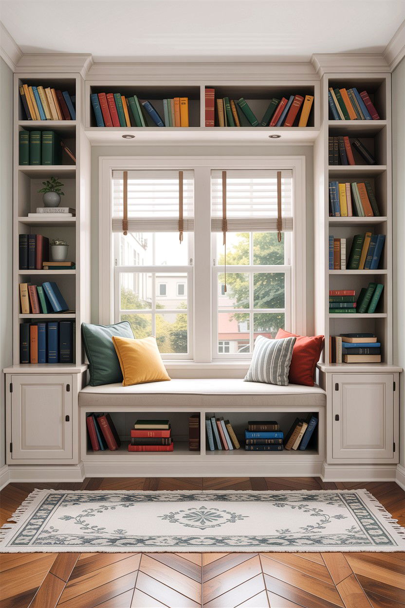 Under Window Bookshelf - 30 bedroom concealed storage ideas