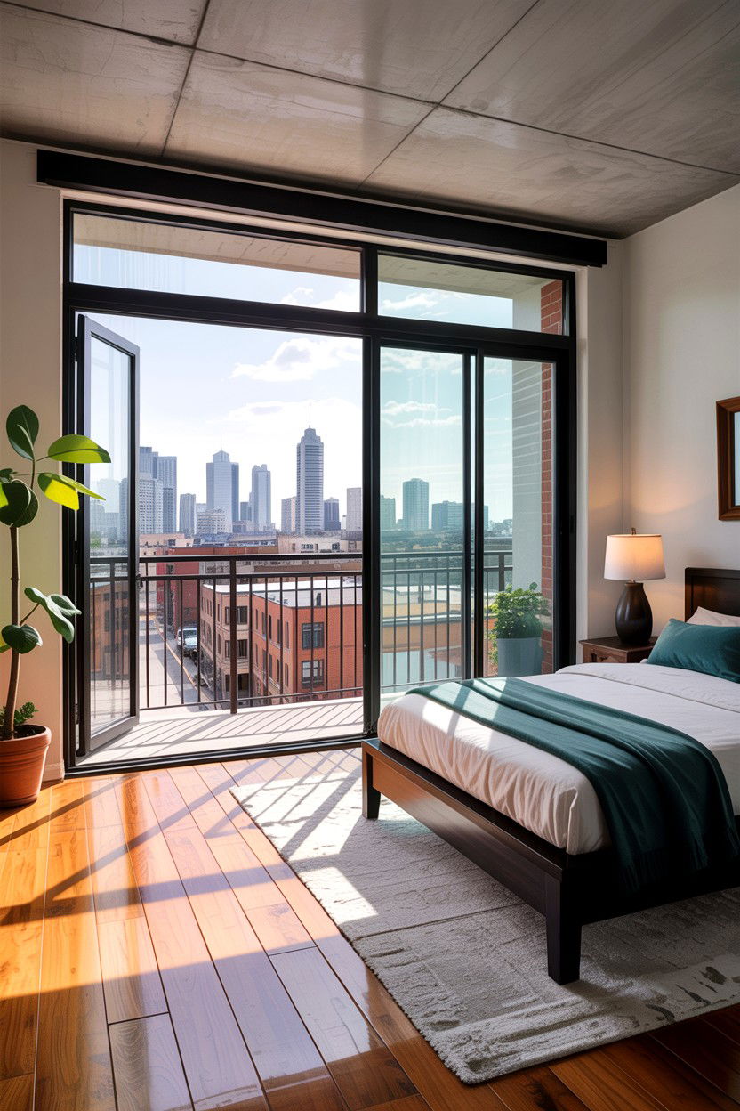 Urban bedroom with black metal balcony doors - 30 bedroom with patio doors