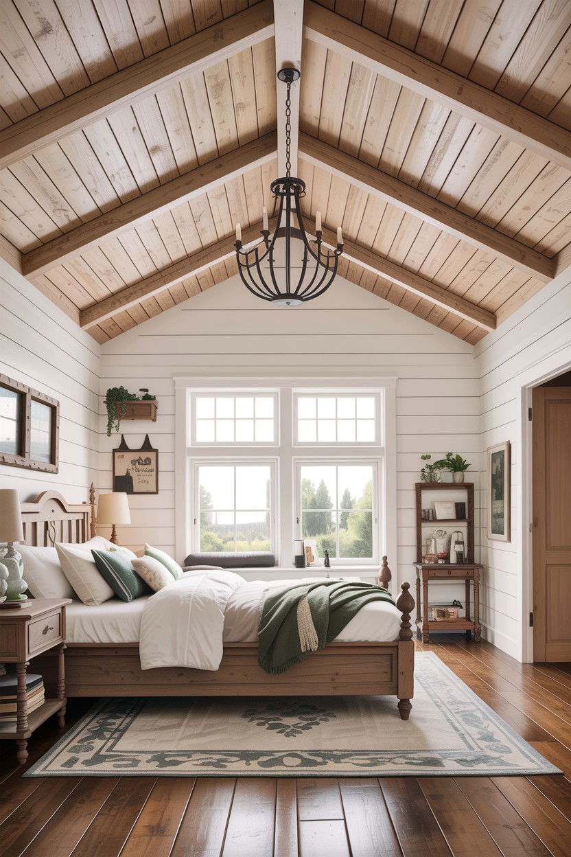 Vaulted Wood Ceiling - 30 farmhouse bedroom ideas
