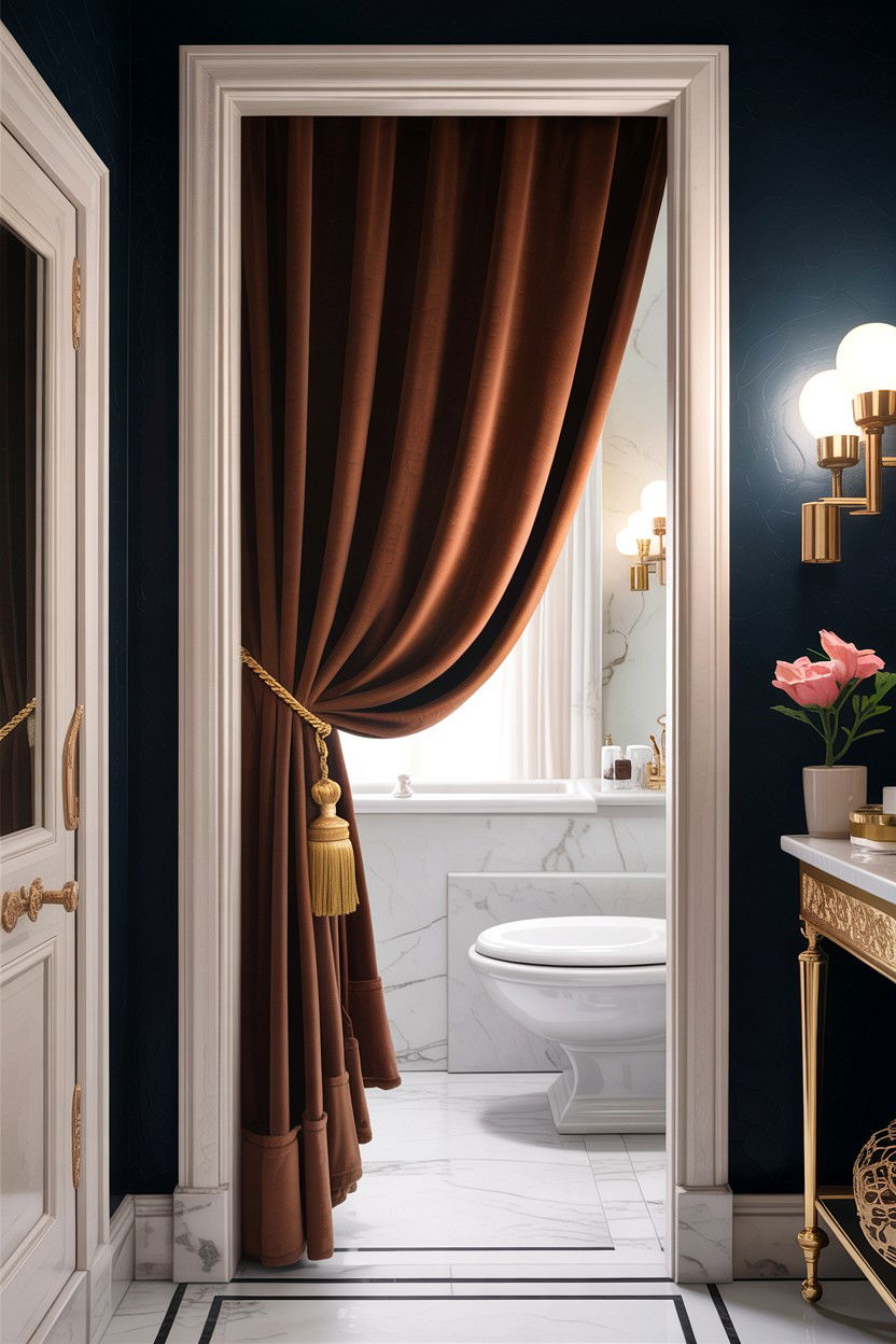Velvet Door Drape - 30 velvet bathroom ideas