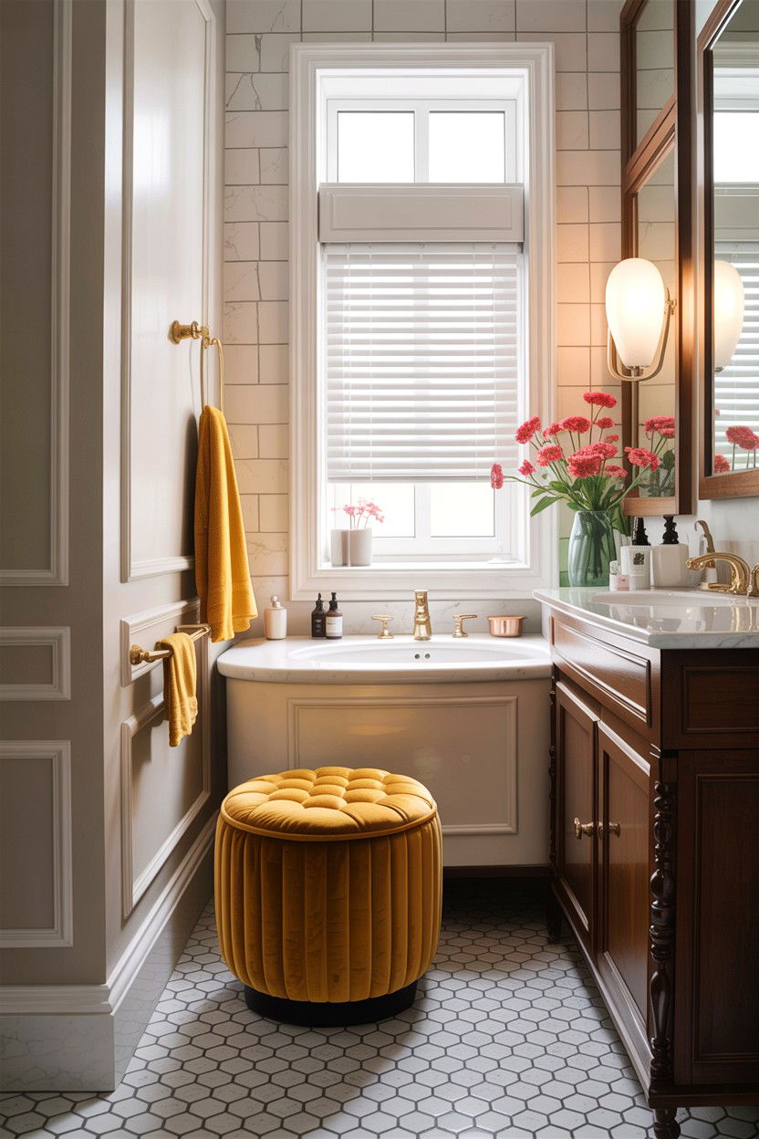 Velvet Ottoman - 30 velvet bathroom ideas