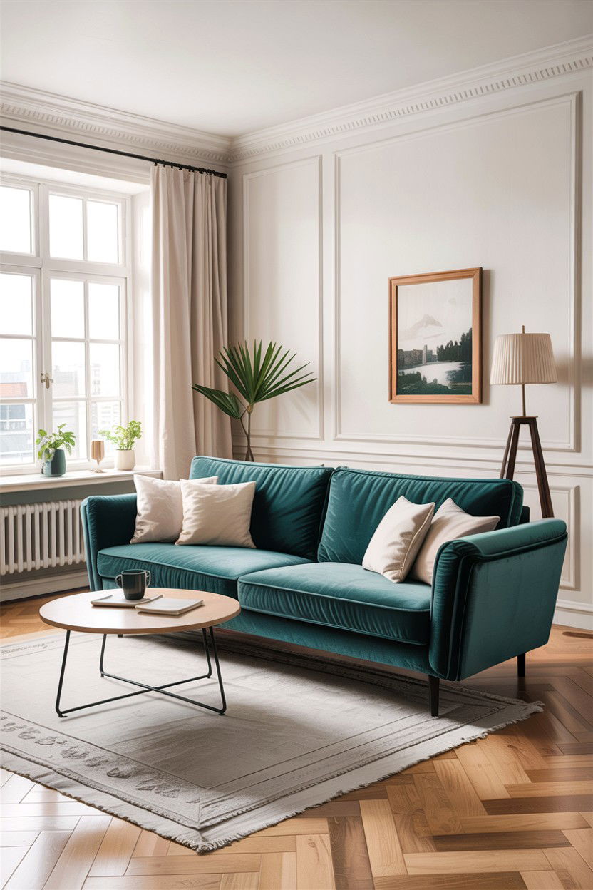 Velvet Teal Sofa - 30 scandinavian teal living room ideas