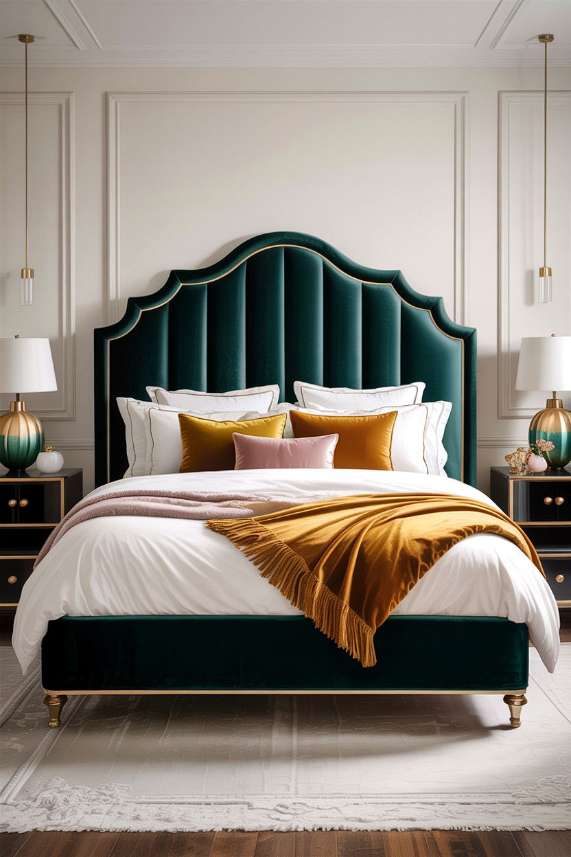 Velvet Upholstered Headboard Style - 30 first apartment bedroom ideas