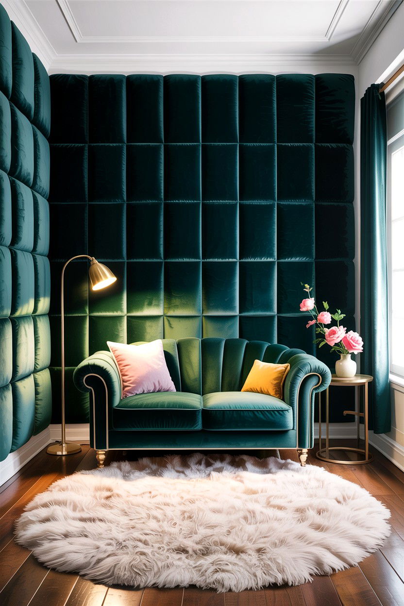 Velvet Upholstered Panel - 30 living room feature wall ideas