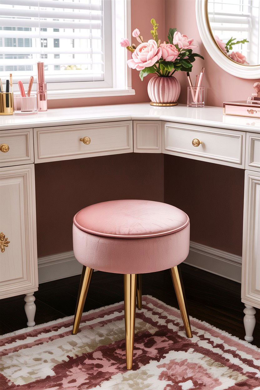 Velvet Vanity Stool - 30 bedroom corner vanity ideas