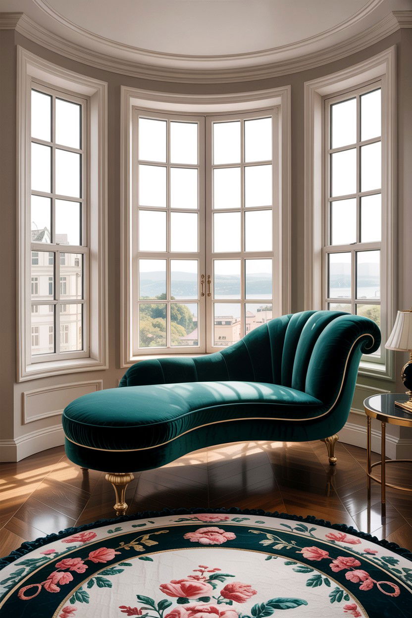 Velvet chaise lounge - 30 bedroom bay window ideas