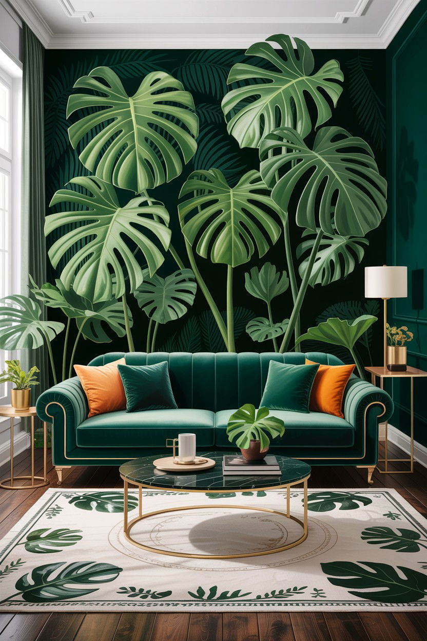Velvet green sofa living room - 30 jungle living room ideas