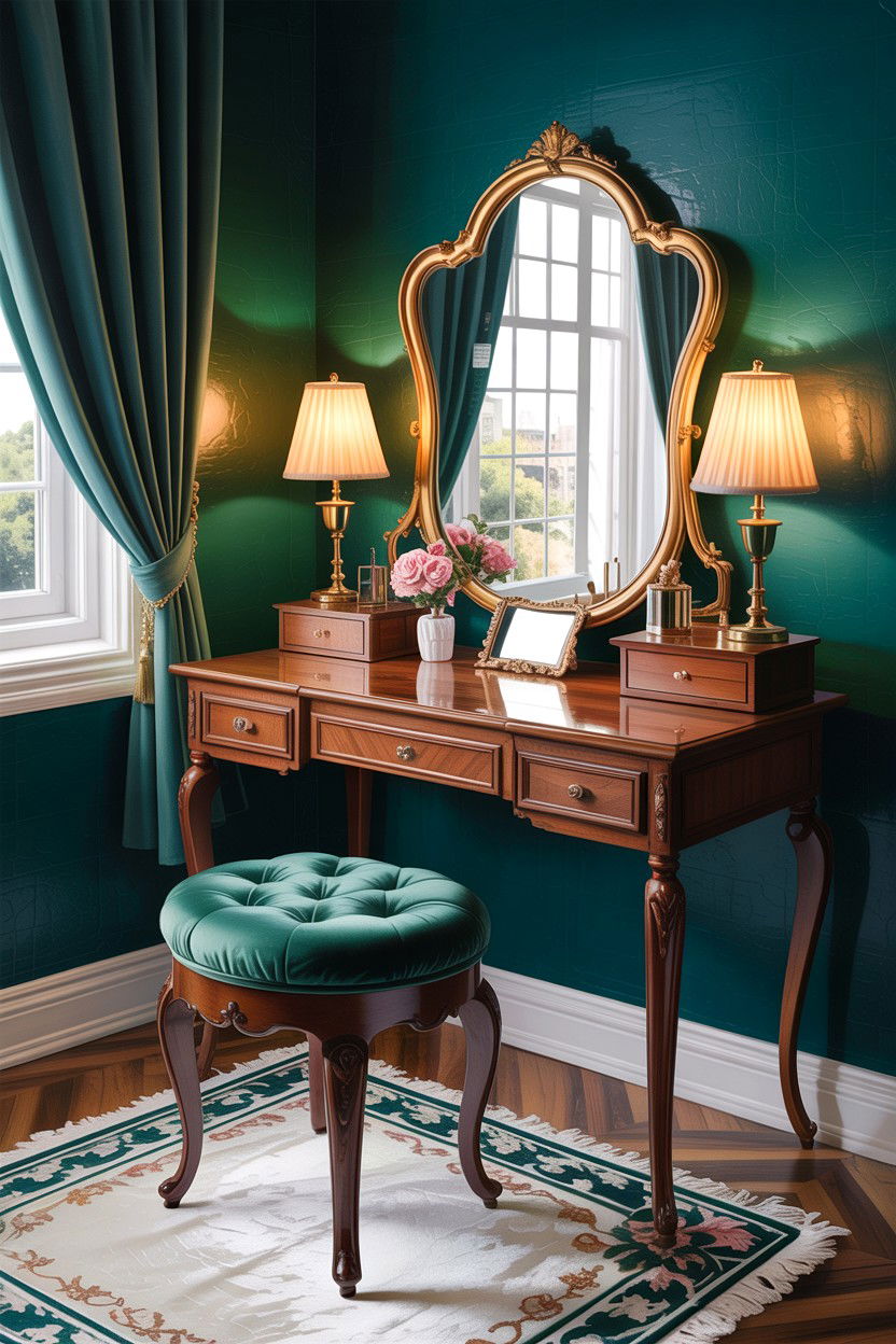 Velvet stool vintage vanity - 30 bedroom vintage vanity ideas
