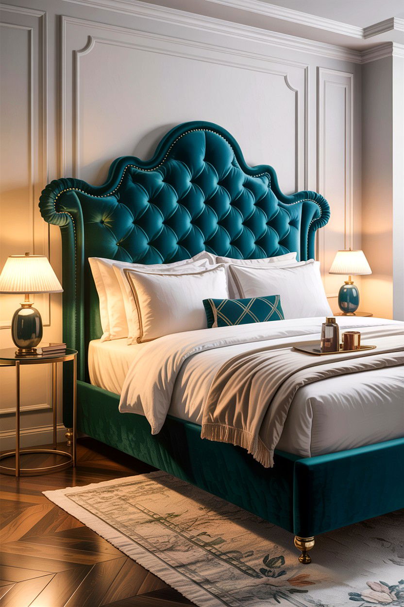 Velvet teal headboard - 30 teal bedroom decor ideas