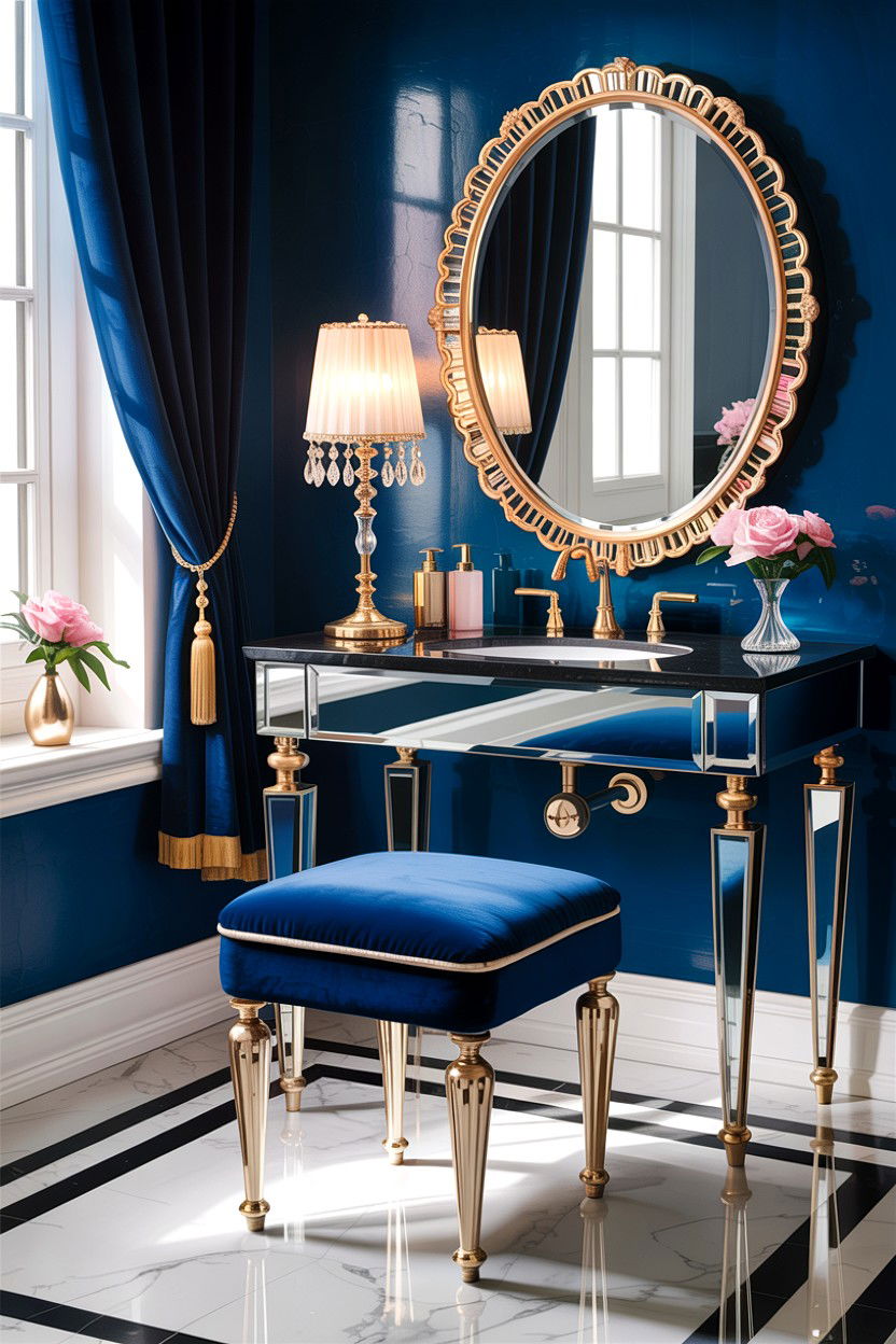 Velvet vanity stool - 30 Hollywood regency bathroom ideas