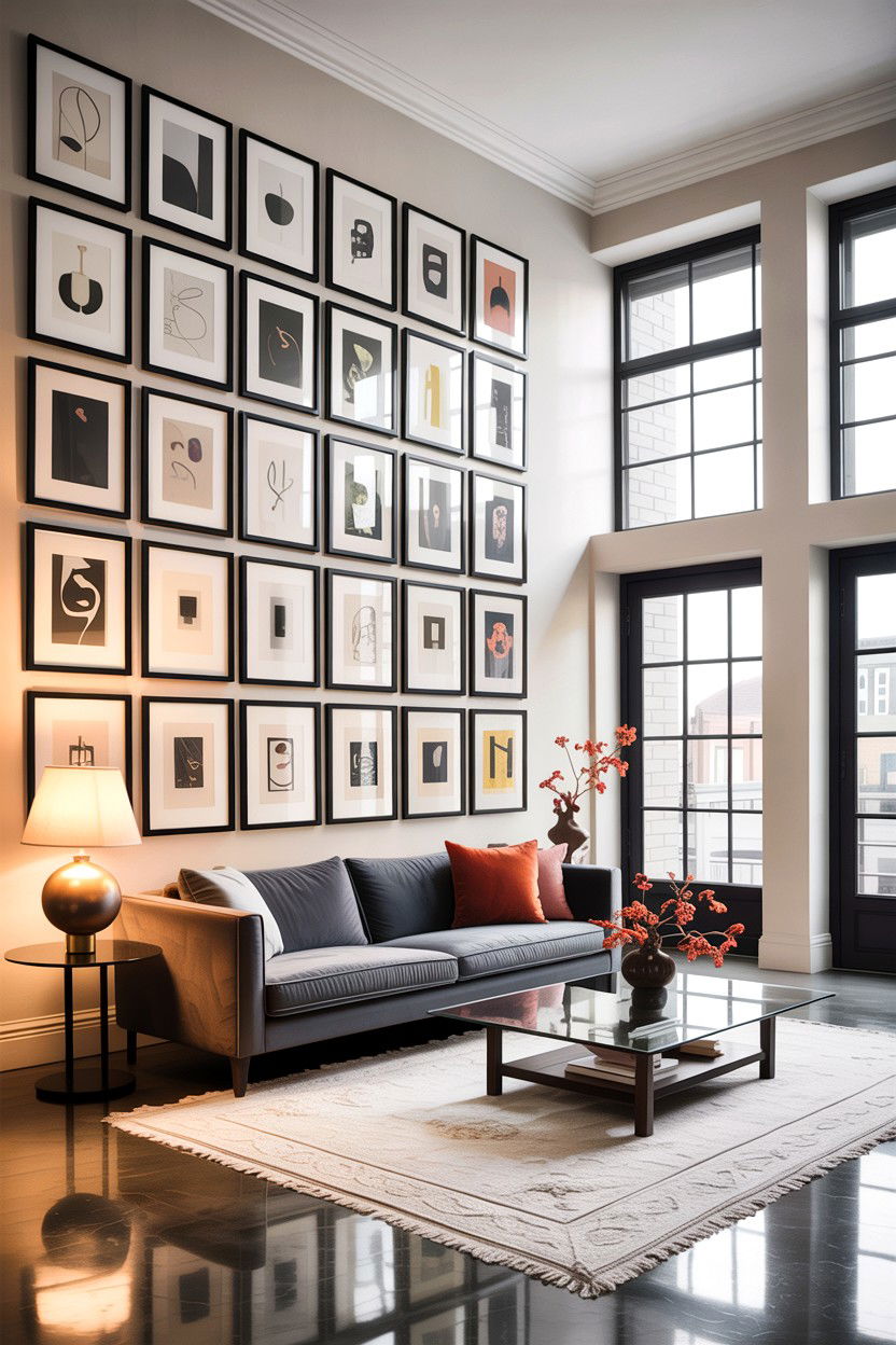 Vertical Gallery Wall - 30 high ceiling living room ideas