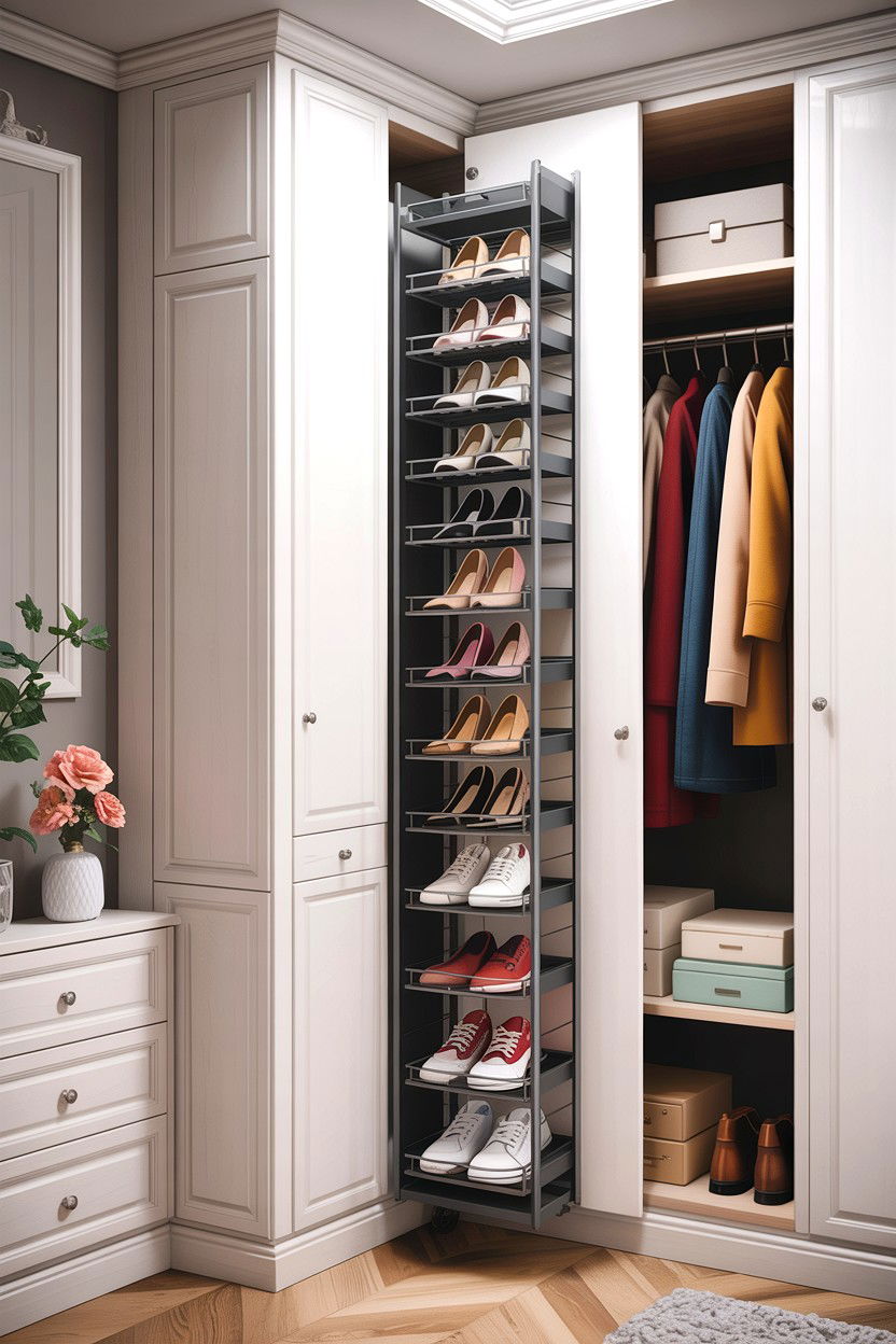 Vertical Pull Out Shoe Rack - 30 bedroom secret storage ideas