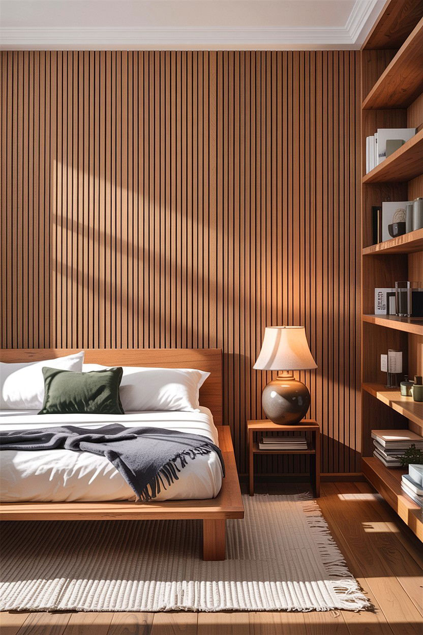 Vertical Slotted Wood Wall - 30 bedroom geometric wall designs