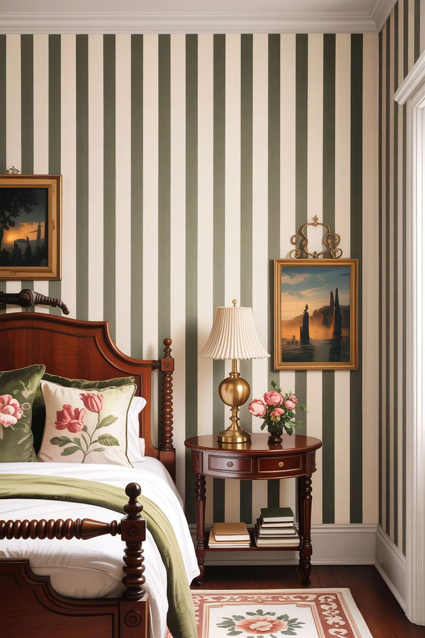 Vertical Striped Wallpaper - 30 grandmillennial bedroom ideas