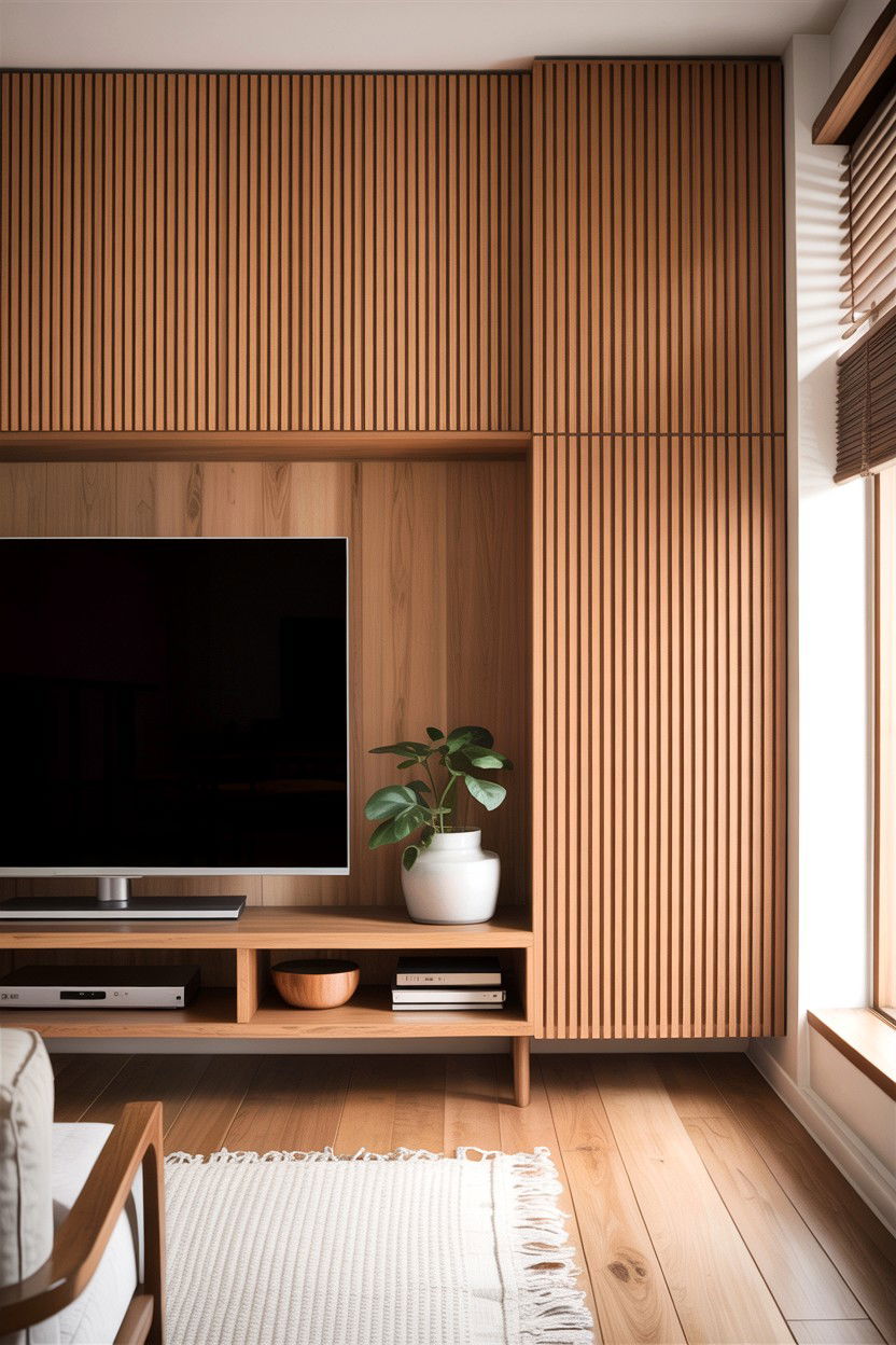 Vertical Wood Slats - 30 living room custom woodwork ideas