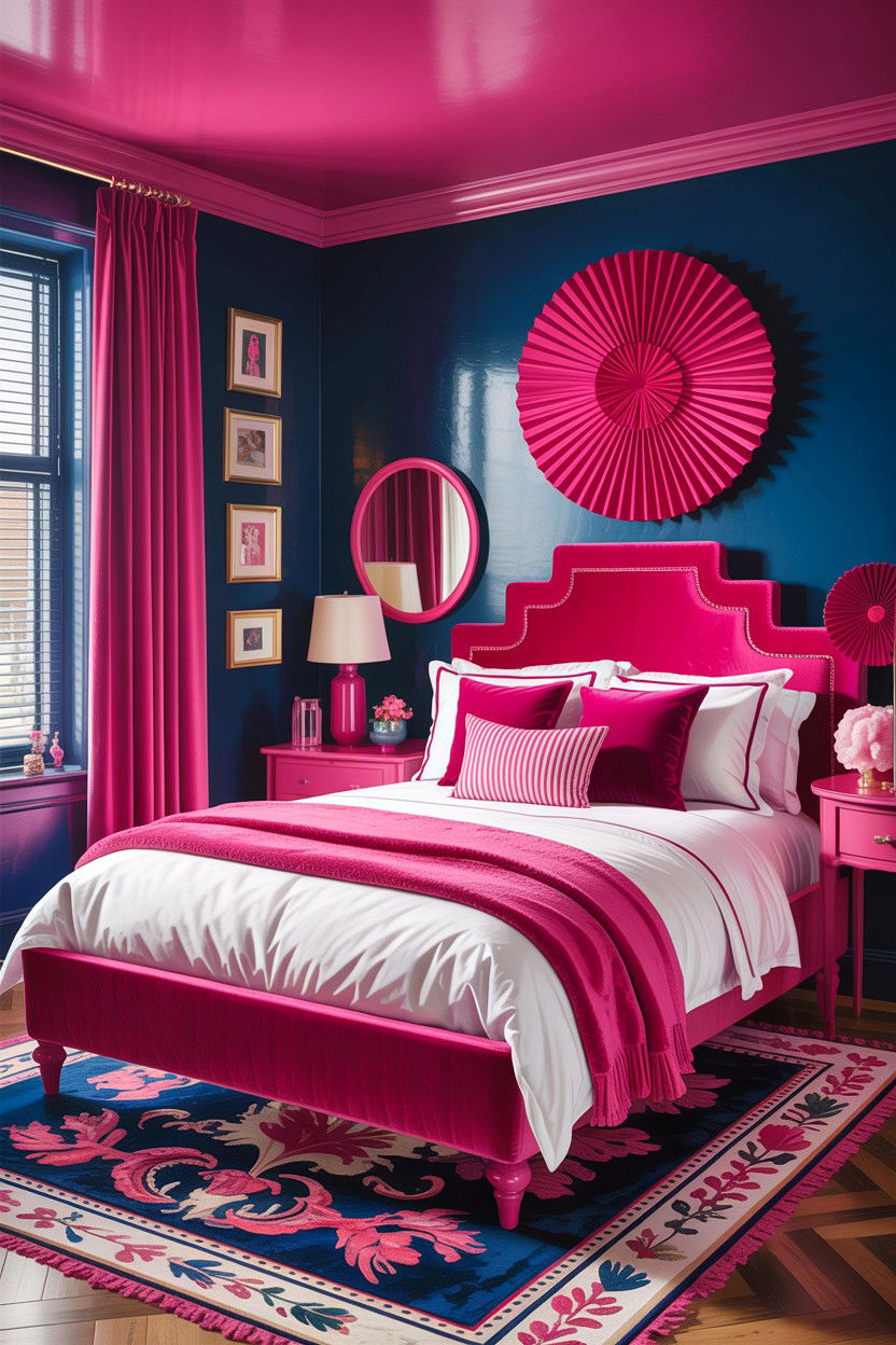 Vibrant fuchsia and navy bedroom - 30 colorful bedroom ideas