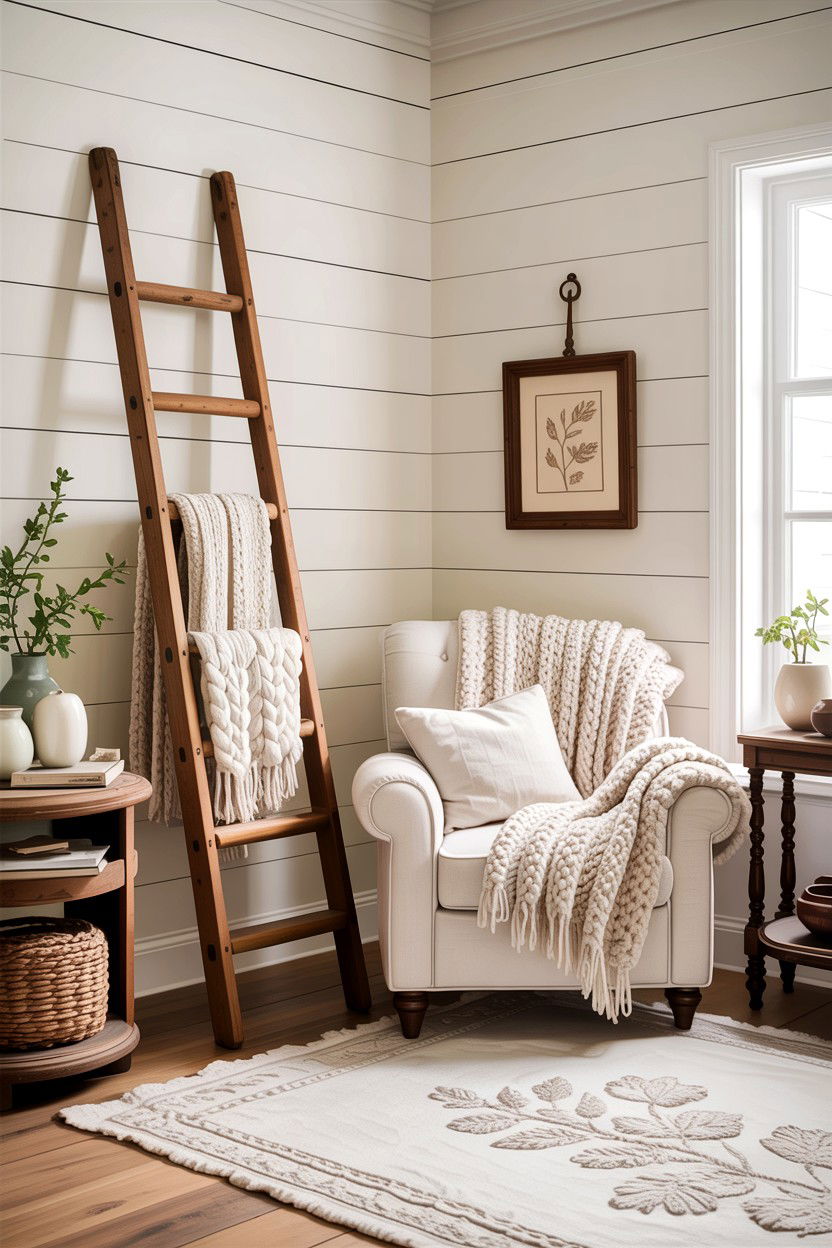 Vintage Ladder - 30 rustic white living room ideas