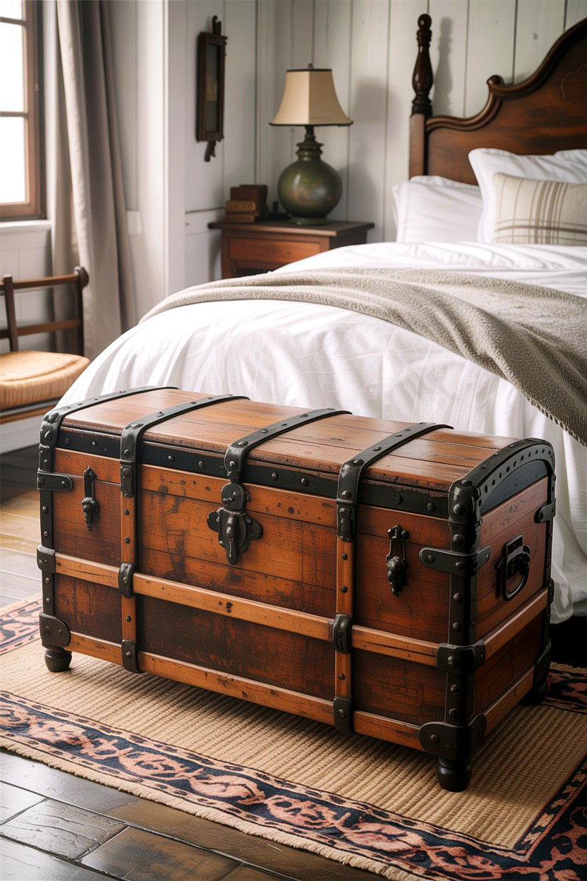 Vintage Wood Trunk - 30 rustic white bedroom ideas