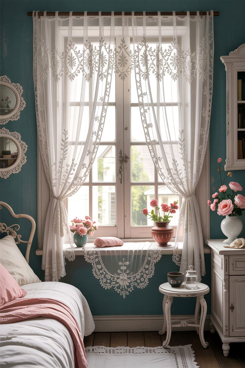 Vintage cotton lace curtain - 30 cotton bedroom ideas